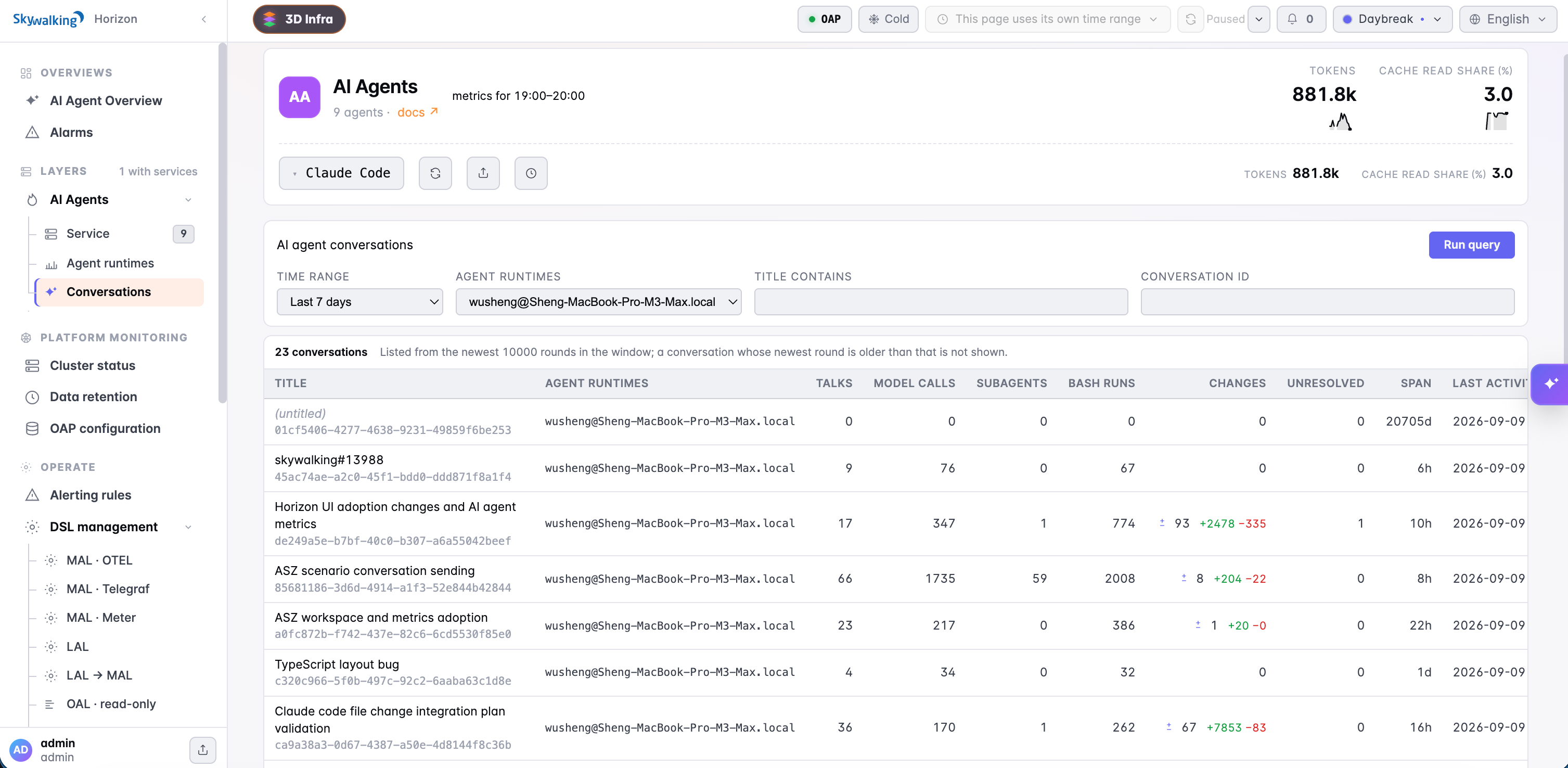 Conversations list with runtime and title filters, model calls, tool activity, and recorded change counts.