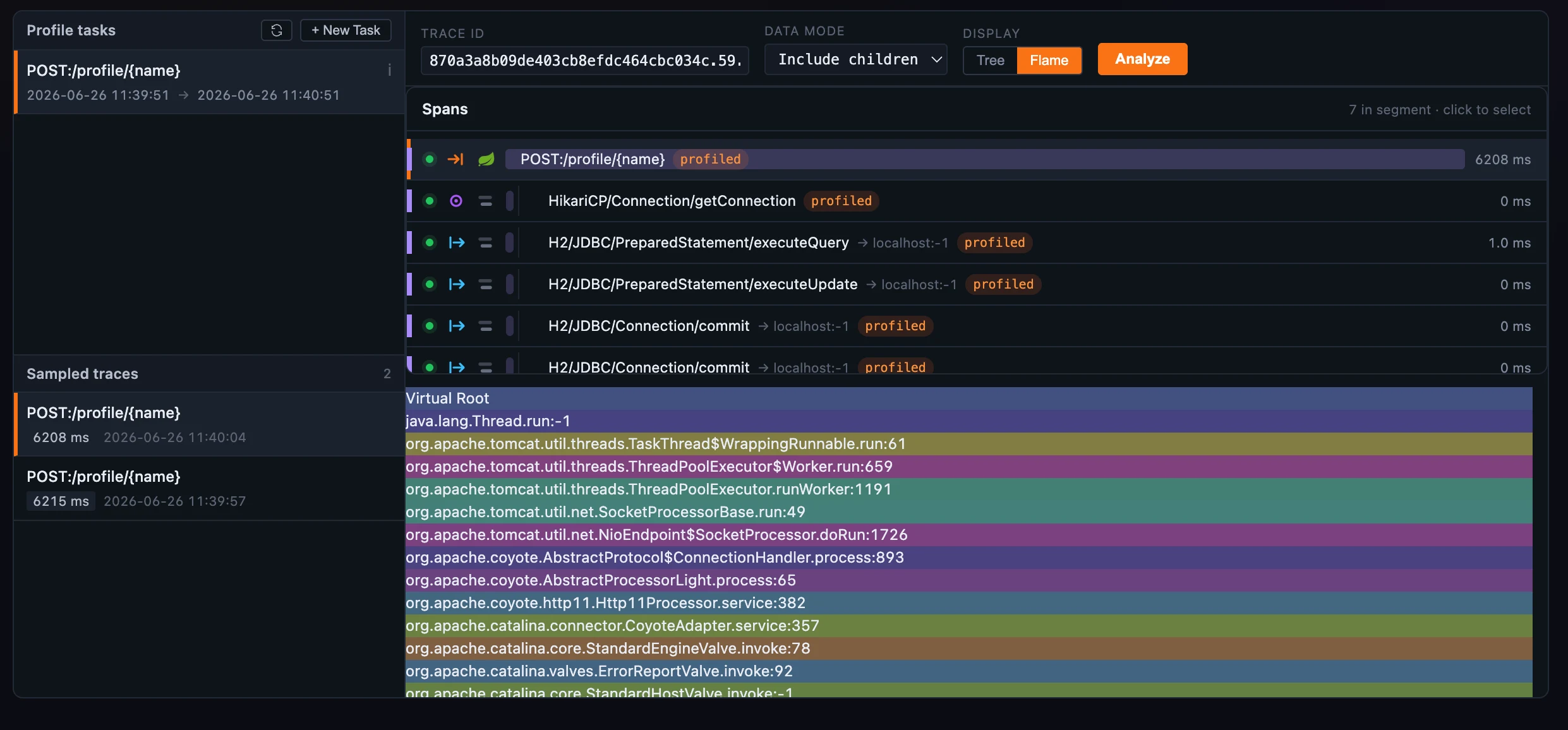 Horizon profiling flame graph showing where execution time is spent